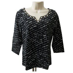 Ruby Rd Tunic Top Small Black White French Writing 3/4 Sleeve Beaded Stretch